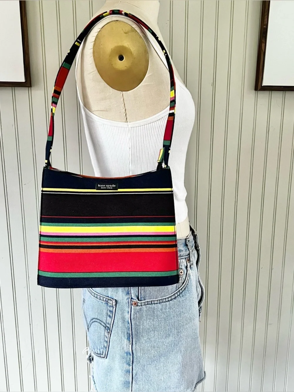 Kate Spade NY Vintage Y2K Bold Striped Multi Color Canvas Shoulder Bag